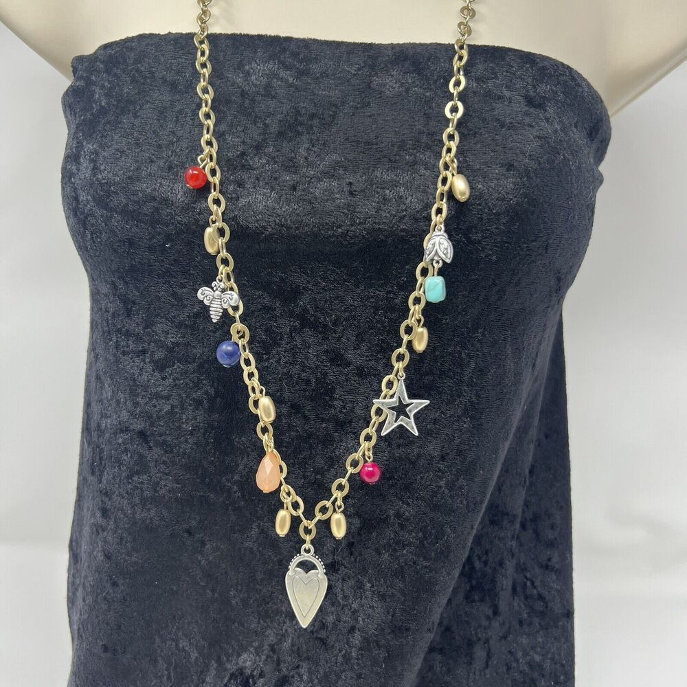 Chico's Necklace Gold Tone Long 35+" Adjustable Chain Lady Bug, Bee, Heart, Star